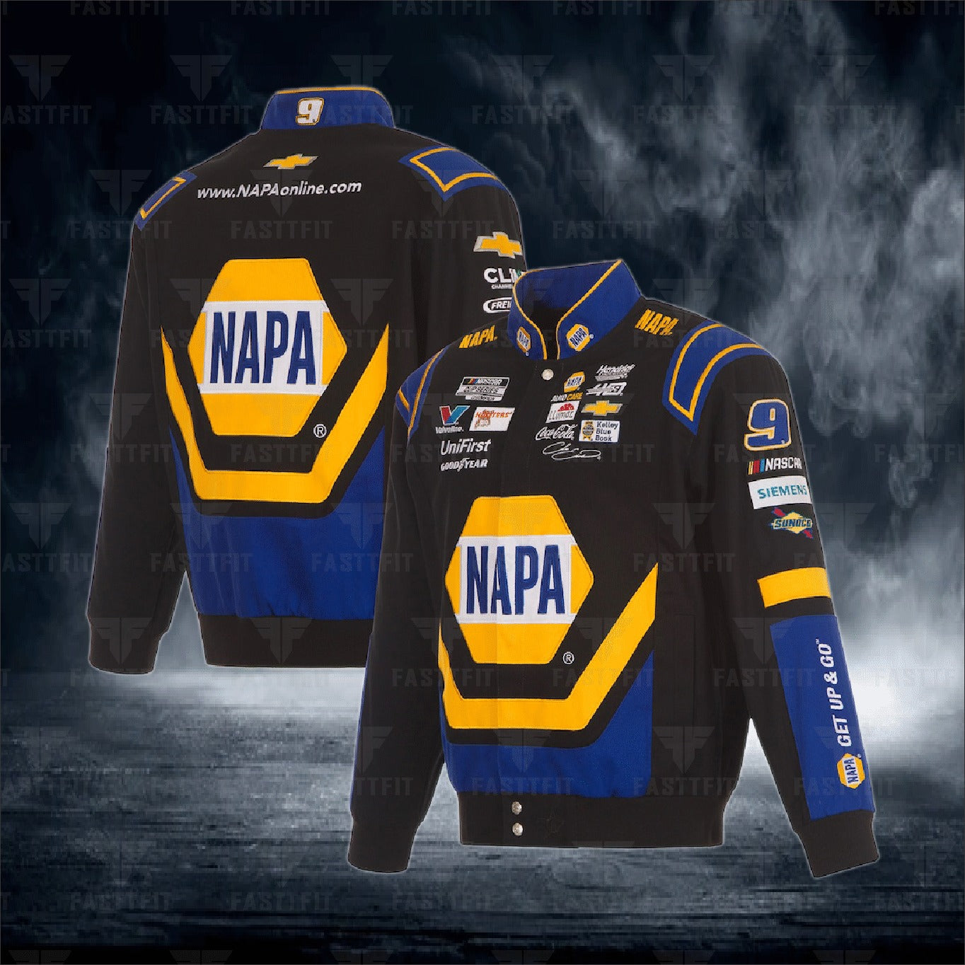 Chase Elliott JH Design Black NAPA Twill Driver Uniform Full-Snap Jacket (FREE T-shirt, FREE Beanie Cap, FREE Scarf, FREE Bag)