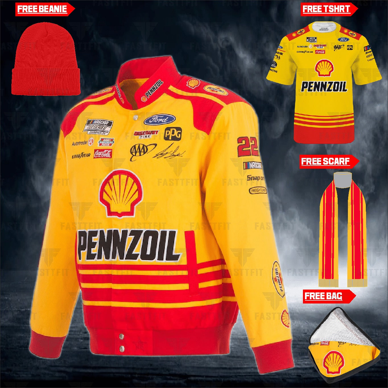 Joey Logano JH Design Yellow Shell Pennzoil Twill Driver Uniform Full-Snap Jacket (FREE T-shirt, FREE Beanie Cap, FREE Scarf, FREE Bag)