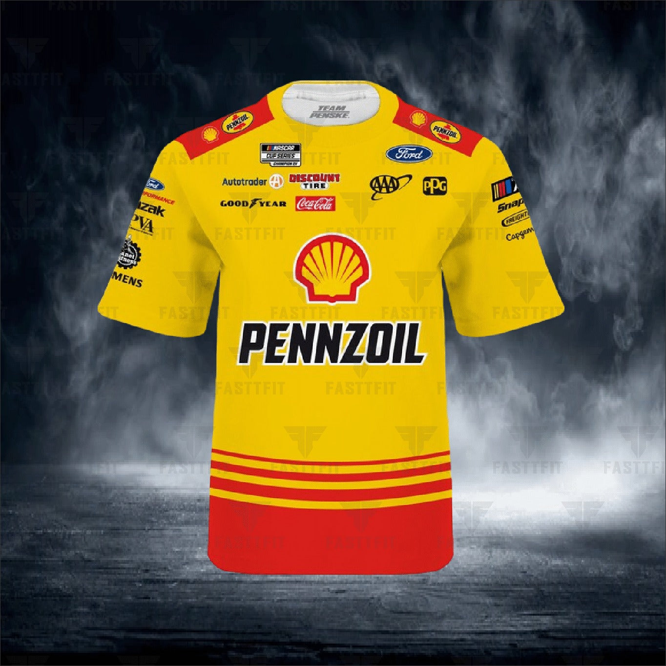 Joey Logano JH Design Yellow Shell Pennzoil Twill Driver Uniform Full-Snap Jacket (FREE T-shirt, FREE Beanie Cap, FREE Scarf, FREE Bag)