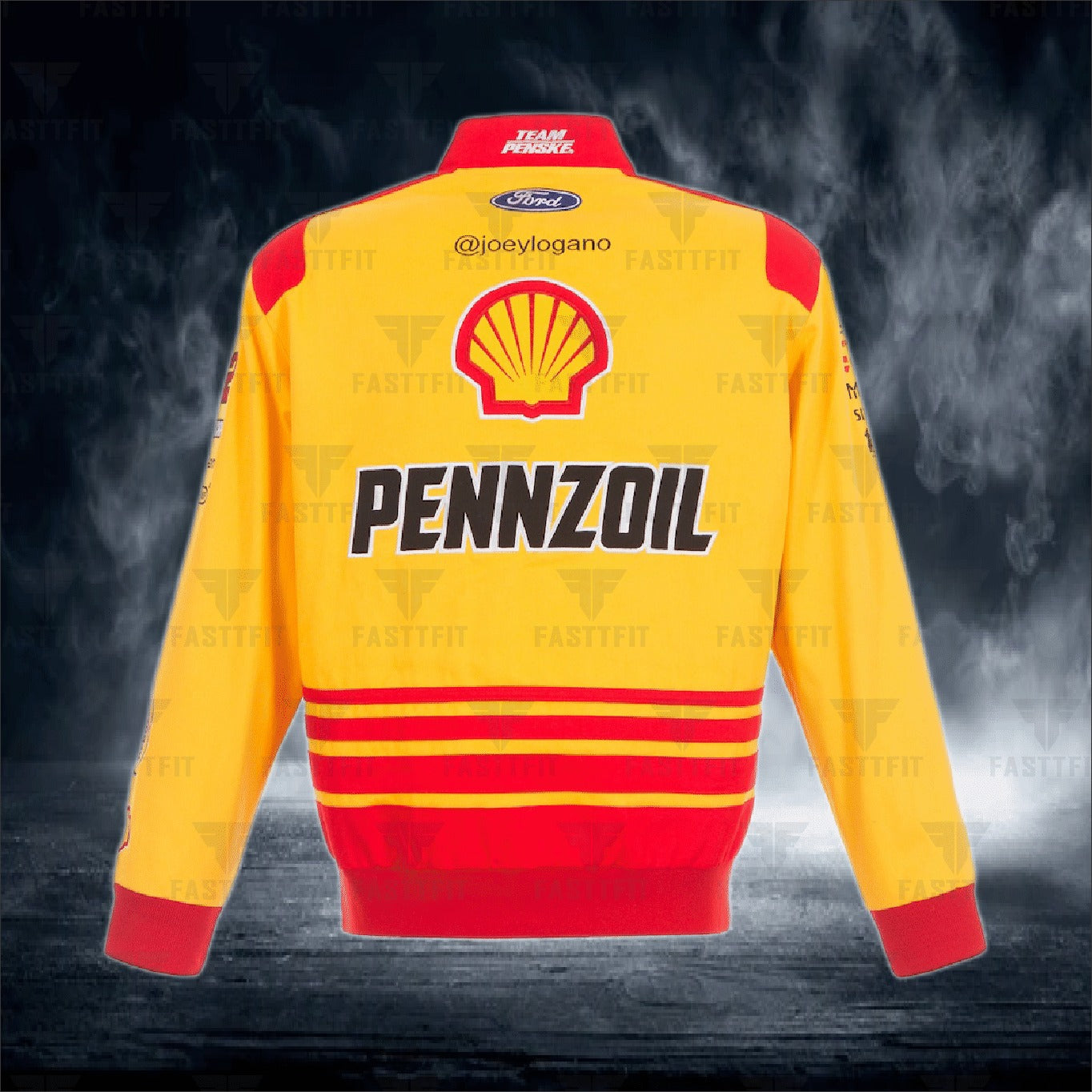 Joey Logano JH Design Yellow Shell Pennzoil Twill Driver Uniform Full-Snap Jacket (FREE T-shirt, FREE Beanie Cap, FREE Scarf, FREE Bag)