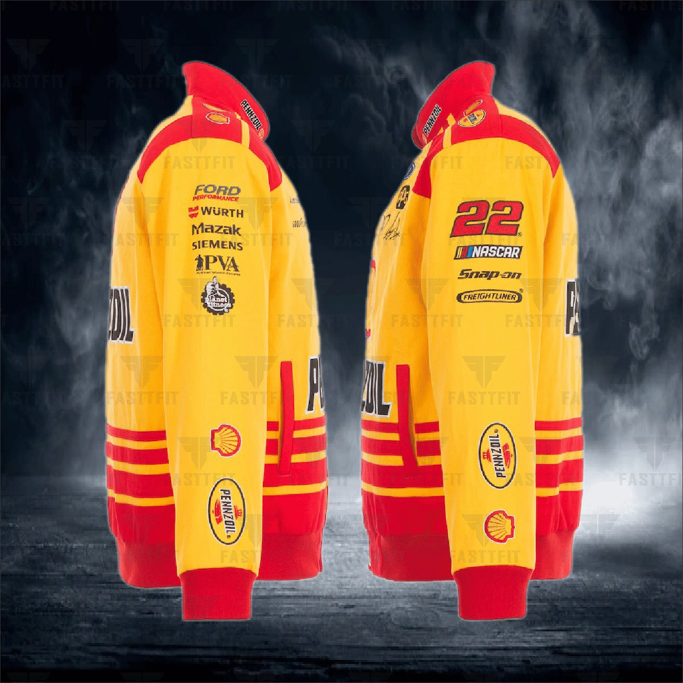 Joey Logano JH Design Yellow Shell Pennzoil Twill Driver Uniform Full-Snap Jacket (FREE T-shirt, FREE Beanie Cap, FREE Scarf, FREE Bag)