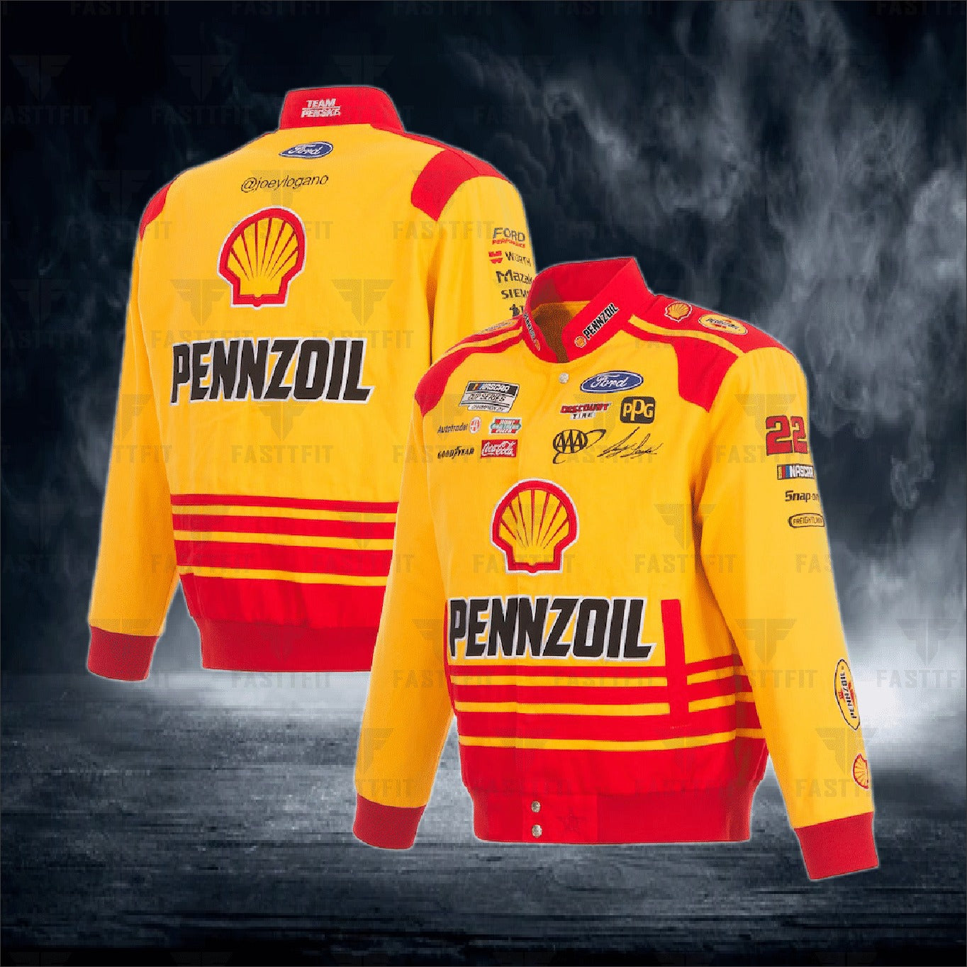 Joey Logano JH Design Yellow Shell Pennzoil Twill Driver Uniform Full-Snap Jacket (FREE T-shirt, FREE Beanie Cap, FREE Scarf, FREE Bag)