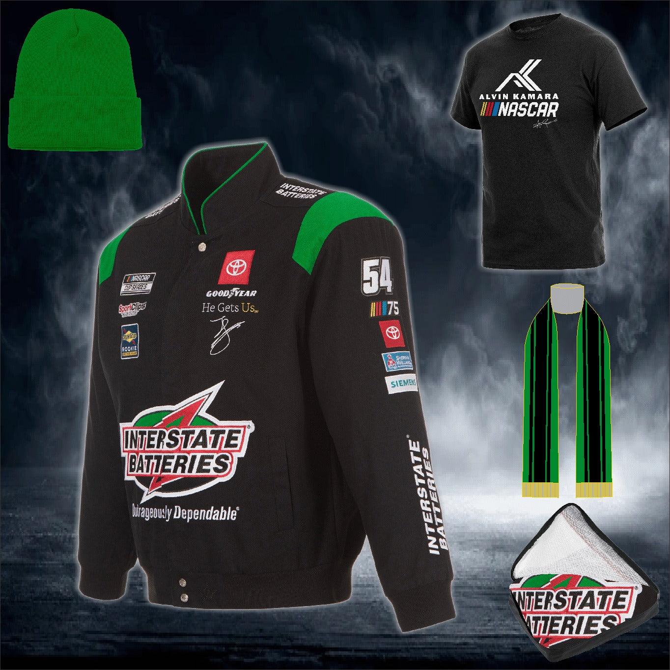 JH Design Black Ty Gibbs Interstate Batteries Twill Driver Uniform Full-Snap Jacket (FREE T-shirt, FREE Beanie Cap, FREE Scarf, FREE Bag)