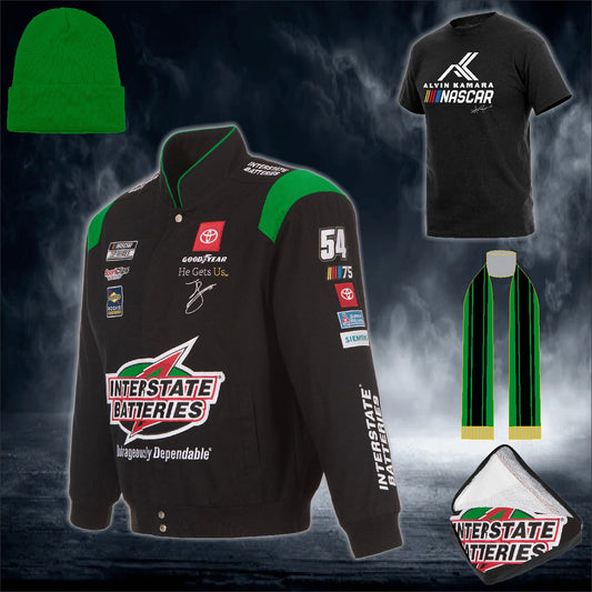 JH Design Black Ty Gibbs Interstate Batteries Twill Driver Uniform Full-Snap Jacket (FREE T-shirt, FREE Beanie Cap, FREE Scarf, FREE Bag)