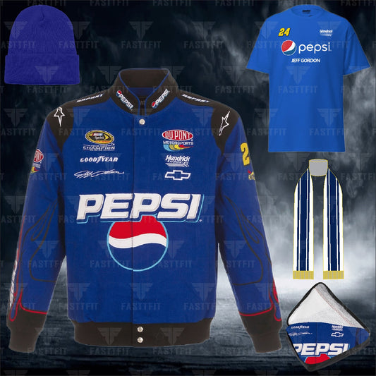 JH Design Royal Jeff Gordon Pepsi Twill Driver Uniform Full-Snap Jacket (FREE T-shirt, FREE Beanie Cap, FREE Scarf, FREE Bag)