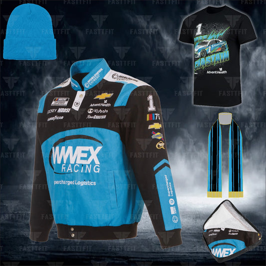 JH Design Black Ross Chastain WWEX Twill Driver Uniform Full-Snap Jacket (FREE T-shirt, FREE Beanie Cap, FREE Scarf, FREE Bag)