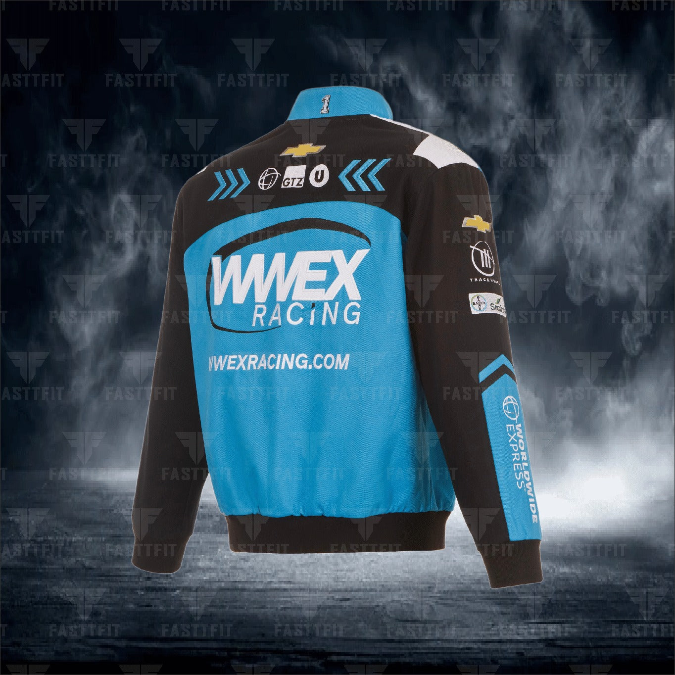 JH Design Black Ross Chastain WWEX Twill Driver Uniform Full-Snap Jacket (FREE T-shirt, FREE Beanie Cap, FREE Scarf, FREE Bag)