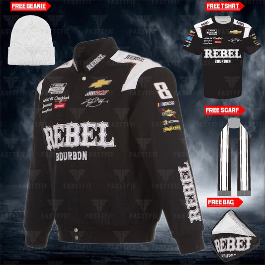 JH Design Black Kyle Busch REBEL Bourbon Twill Driver Uniform Full-Snap Jacket (FREE T-shirt, FREE Beanie Cap, FREE Scarf, FREE Bag)