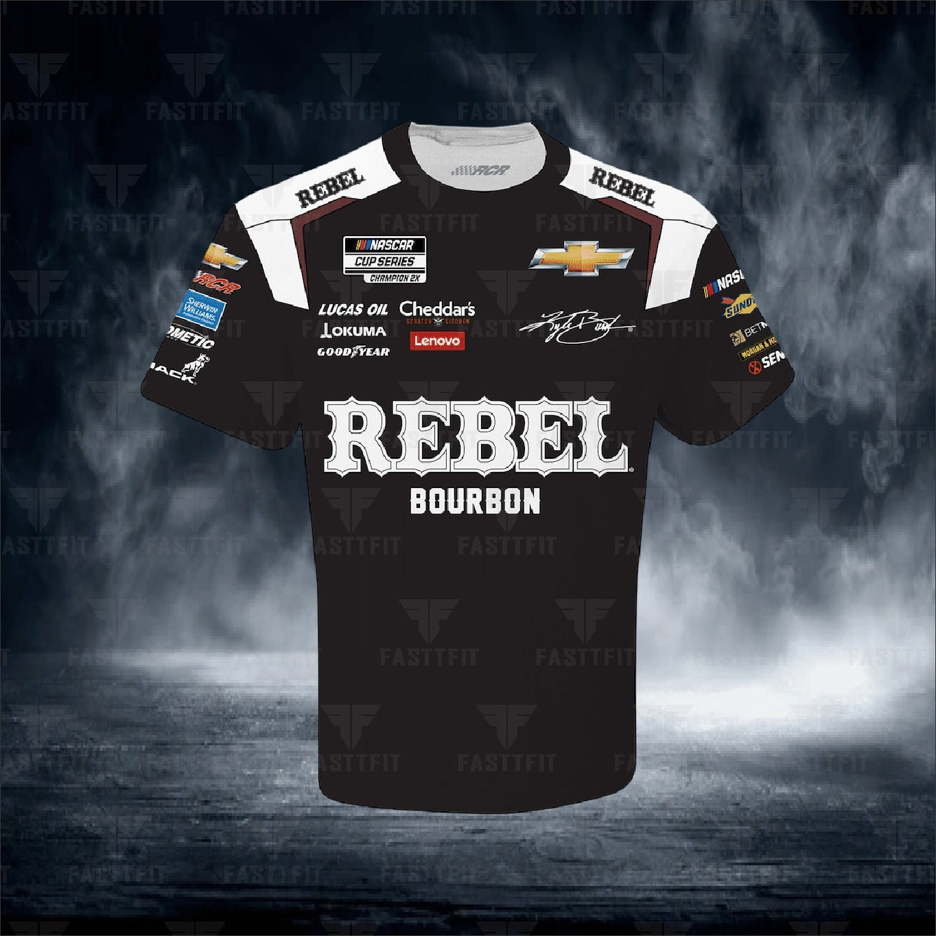 JH Design Black Kyle Busch REBEL Bourbon Twill Driver Uniform Full-Snap Jacket (FREE T-shirt, FREE Beanie Cap, FREE Scarf, FREE Bag)