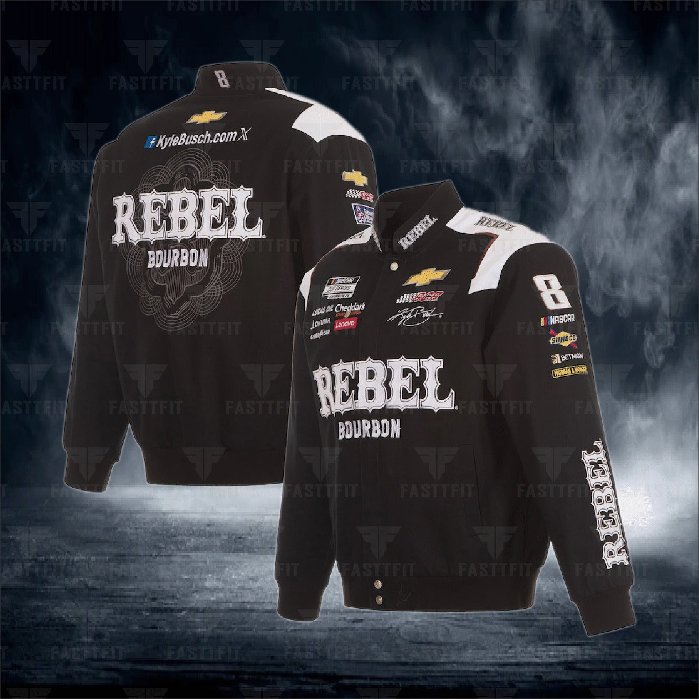 JH Design Black Kyle Busch REBEL Bourbon Twill Driver Uniform Full-Snap Jacket (FREE T-shirt, FREE Beanie Cap, FREE Scarf, FREE Bag)