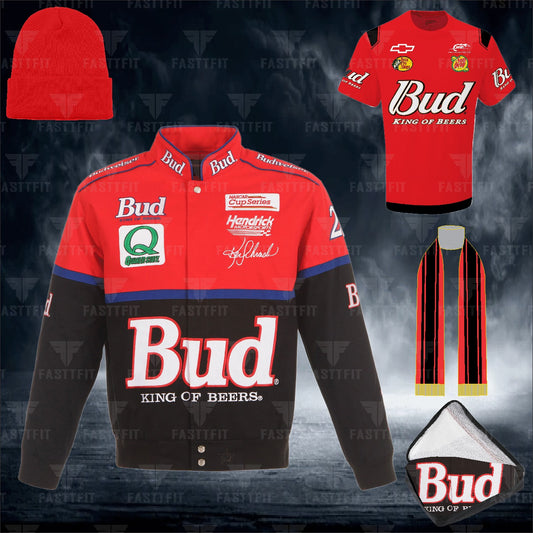 JH Design Black/Red Ken Schrader Bud King of Beers Twill Driver Uniform Full-Snap Jacket (FREE T-shirt, FREE Beanie Cap, FREE Scarf, FREE Bag)