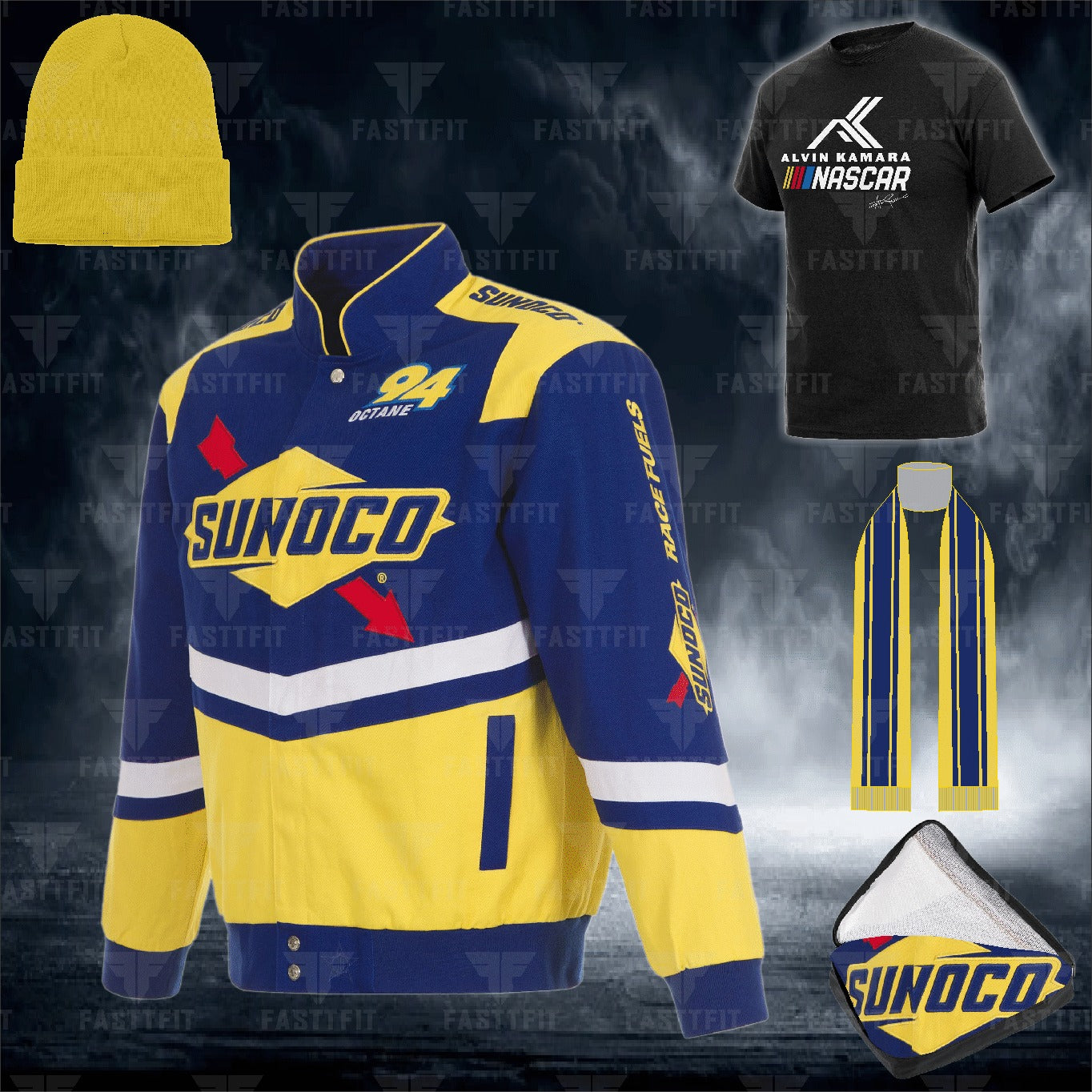 JH Design Royal/Yellow NASCAR Sunoco Twill Driver Uniform Full-Snap Jacket (FREE T-shirt, FREE Beanie Cap, FREE Scarf, FREE Bag)