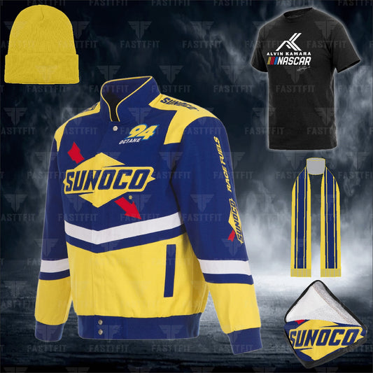 JH Design Royal/Yellow NASCAR Sunoco Twill Driver Uniform Full-Snap Jacket (FREE T-shirt, FREE Beanie Cap, FREE Scarf, FREE Bag)