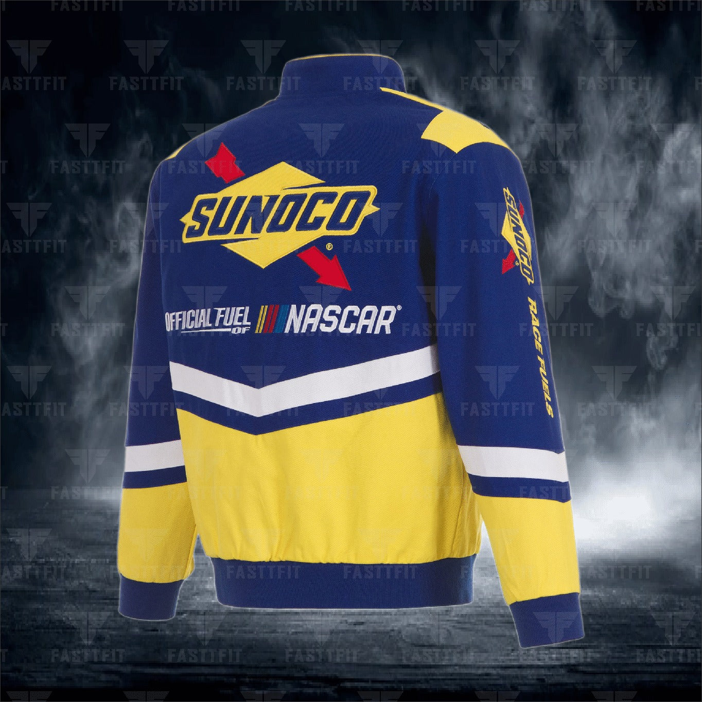 JH Design Royal/Yellow NASCAR Sunoco Twill Driver Uniform Full-Snap Jacket (FREE T-shirt, FREE Beanie Cap, FREE Scarf, FREE Bag)