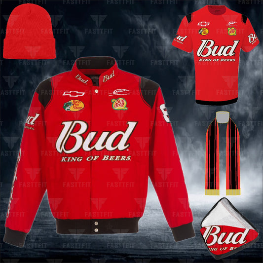 Dale Earnhardt Jr #8 Budweiser Twill Driver Uniform Full-Snap Jacket (FREE T-shirt, FREE Beanie Cap, FREE Scarf, FREE Bag)