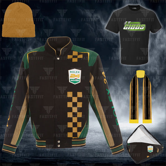 JH Design Black/Green Nascar City Chevrolet Legend Twill Driver Uniform Full-Snap Jacket (FREE T-shirt, FREE Beanie Cap, FREE Scarf, FREE Bag)