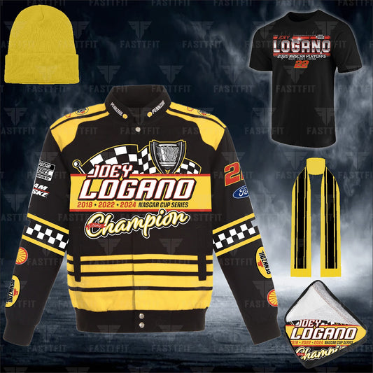 JH Design Black Joey Logano Two-Time Nascar Cup Series Champion Twill Driver Uniform Full-Snap Jacket (FREE T-shirt, FREE Beanie Cap, FREE Scarf, FREE Bag)