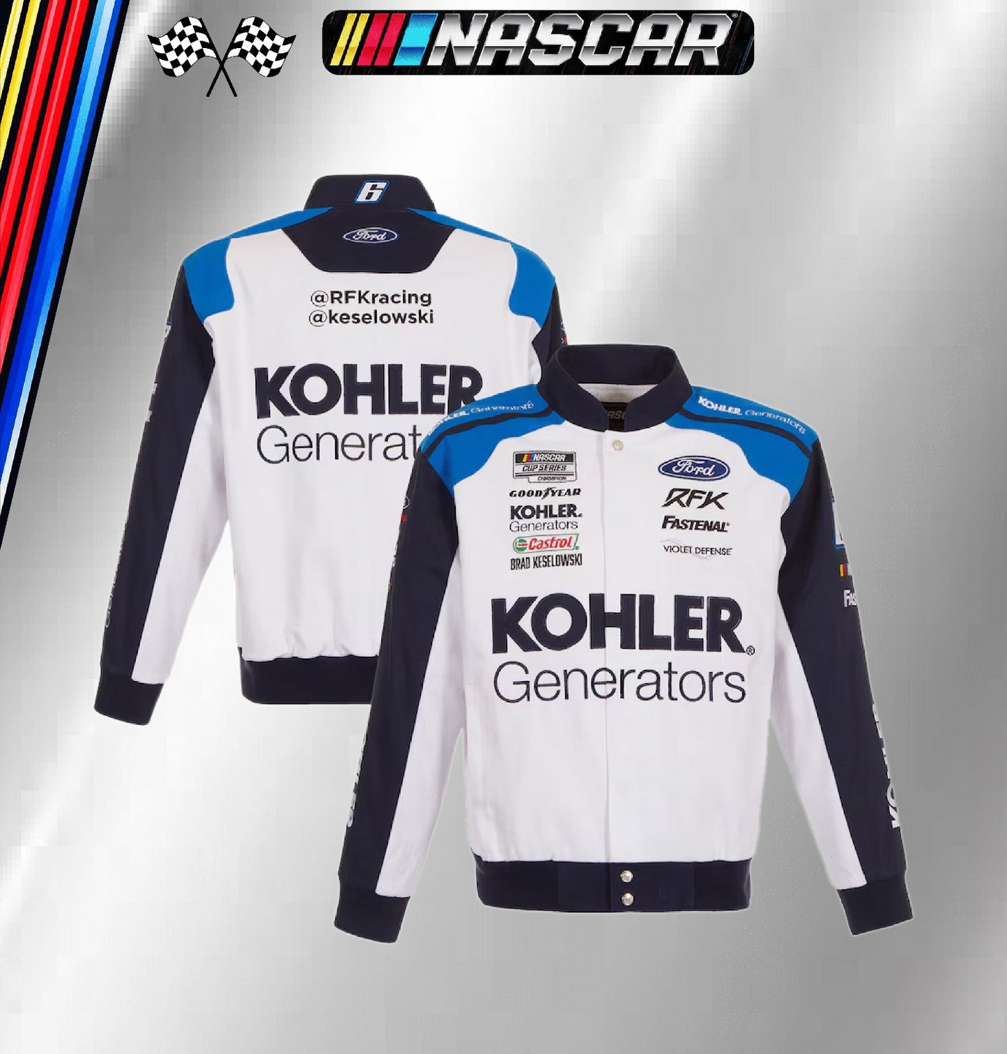 Brad Keselowski JH Design White Kohler Uniform Full-Snap Jacket(FREE T-shirt, FREE Bag))