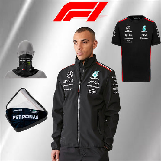 2024 Lewis Hamilton AMG F1 jacket, F1 free t-shirt, free neck gator, free bag.