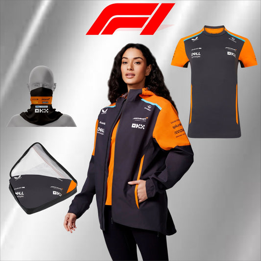 2024 McLaren women F1 jacket, F1 free t-shirt, and free neck gator