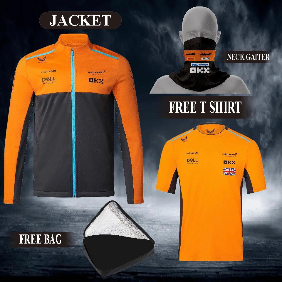 2024 McLaren F1 jacket, F1 free t-shirt, and free neck gator
