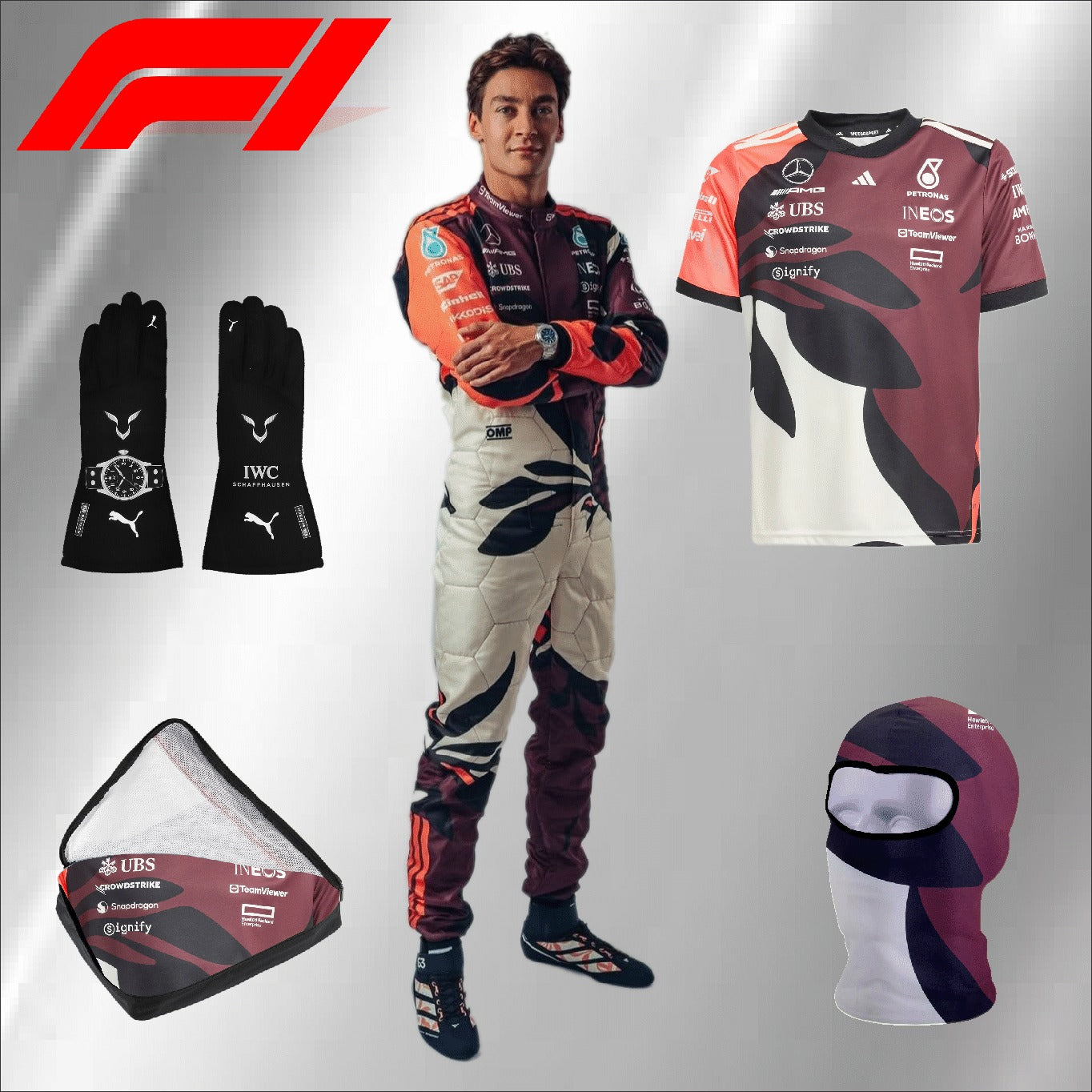 2025 go karting suit George Russell, Mercedes Petronas race suit. (PACKAGE DEAL)