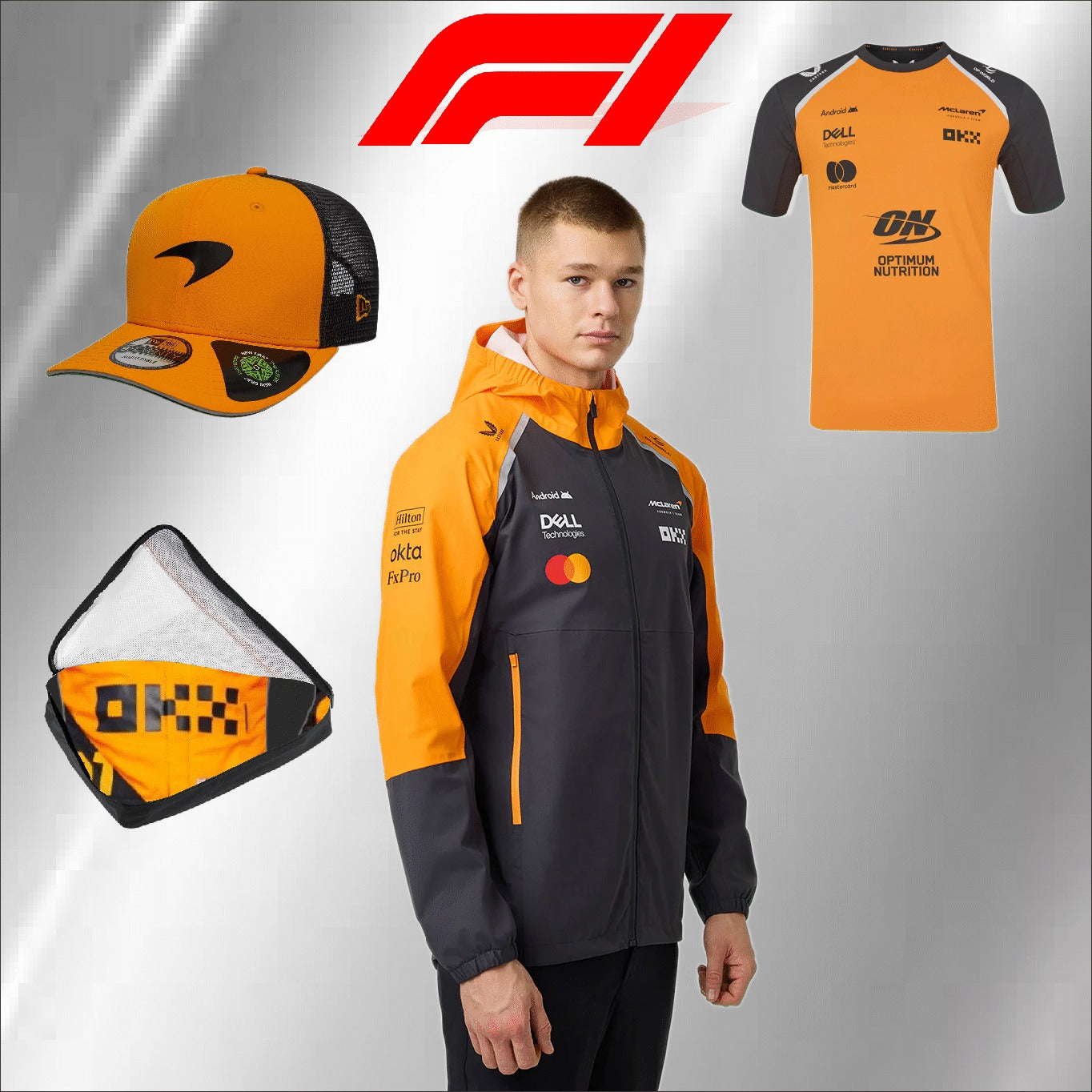 2025 McLaren F1 jacket, F1 t-shirt, McLaren Cap & Bag. (PACKAGE DEAL)