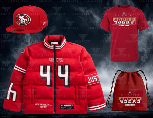 Kyle Juszczyk Scarlet San Francisco 49ers Puffer Jacket, customized for Football, Moms/Dads Custom Team Name. (Free T-shirt / Cap / bag) NFL Team Puffer Jacket