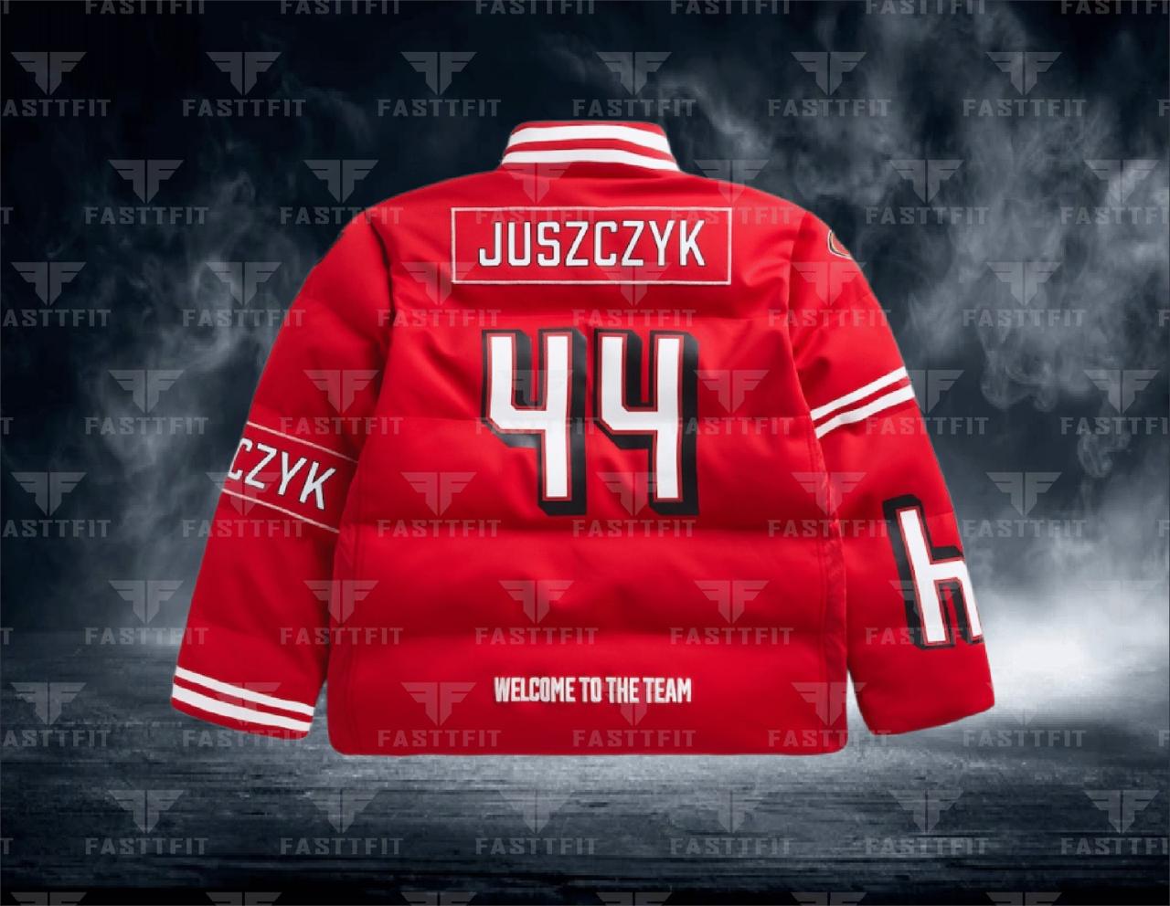Kyle Juszczyk Scarlet San Francisco 49ers Puffer Jacket, customized for Football, Moms/Dads Custom Team Name. (Free T-shirt / Cap / bag) NFL Team Puffer Jacket