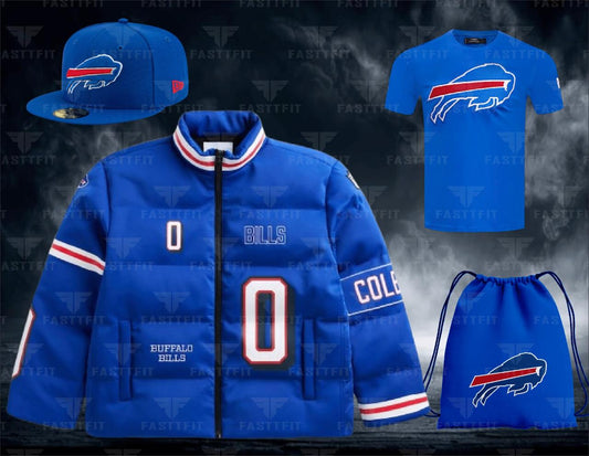 Keon Coleman Royal Buffalo Bills Off Season x NFL Player Puffer Jacket, customized for Football, Moms/Dads Custom Team Name. (Free T-shirt / Cap / bag)