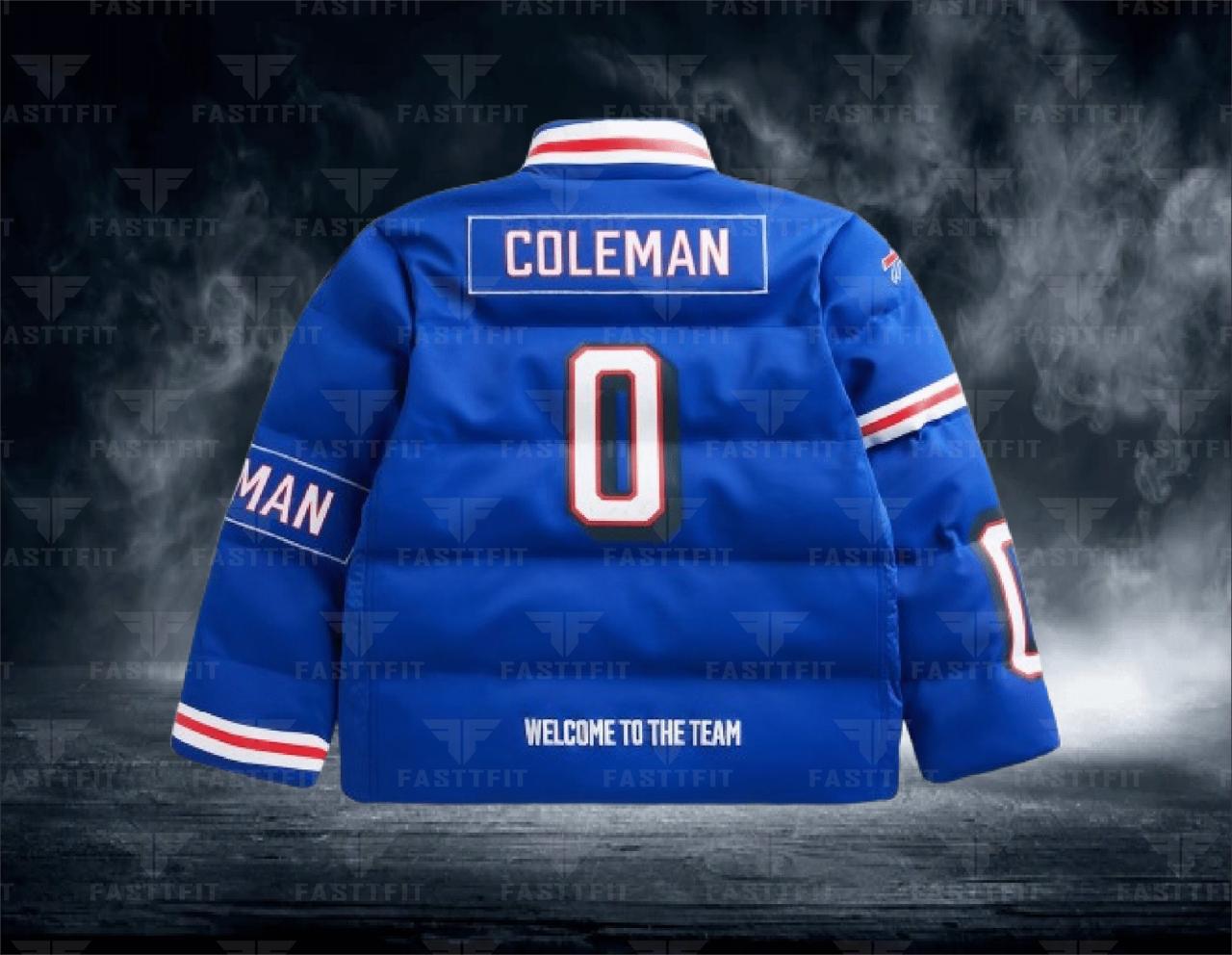 Keon Coleman Royal Buffalo Bills Off Season x NFL Player Puffer Jacket, customized for Football, Moms/Dads Custom Team Name. (Free T-shirt / Cap / bag)