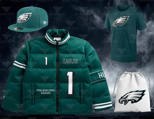 Jalen Hurts Philadelphia Eagles Off Season NFL Player Puffer jacket, customized for Football, Moms/Dads Custom Team Name. (Free T-shirt / Cap / bag)