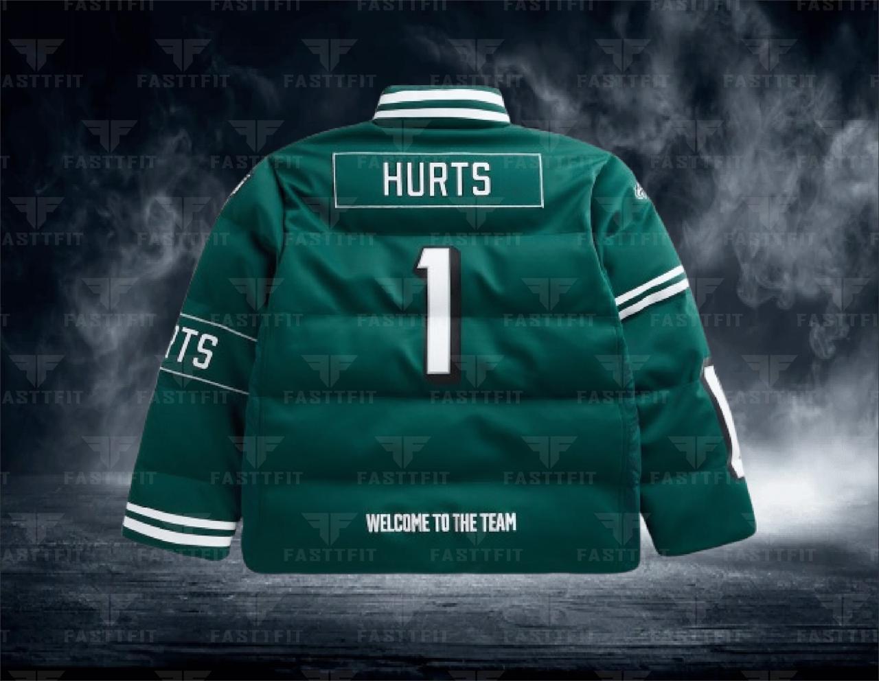 Jalen Hurts Philadelphia Eagles Off Season NFL Player Puffer jacket, customized for Football, Moms/Dads Custom Team Name. (Free T-shirt / Cap / bag)