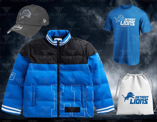 Blue/Black Detroit Lions Off Season x NFL Team Puffer Jacket, customized for Football, Moms/Dads Custom Team Name. (Free T-shirt / Cap / bag)