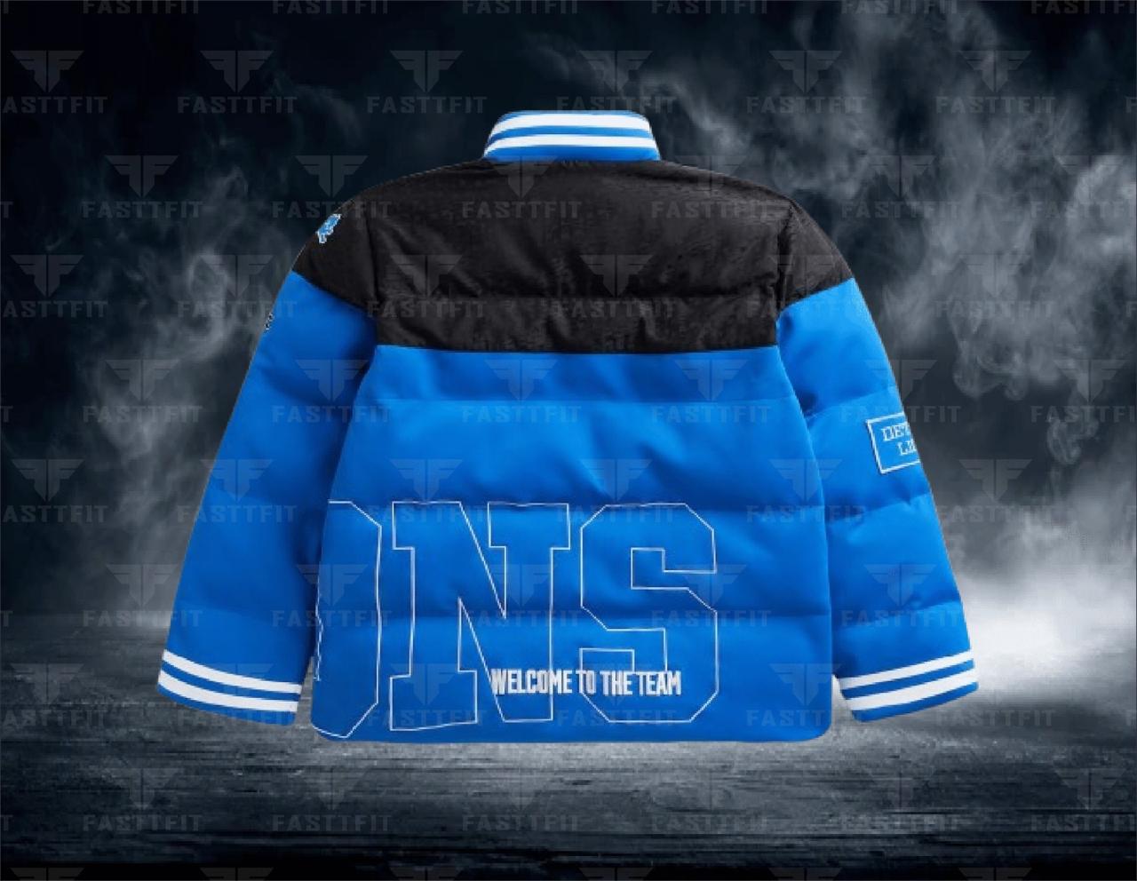 Blue/Black Detroit Lions Off Season x NFL Team Puffer Jacket, customized for Football, Moms/Dads Custom Team Name. (Free T-shirt / Cap / bag)