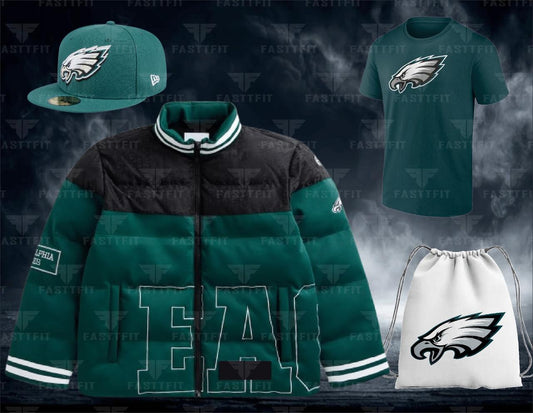 Off Season x NFL Dark Green/Black Philadelphia Eagles Team Puffer Jacket, customized for Football, Moms/Dads Custom Team Name. (Free T-shirt / Cap / bag)