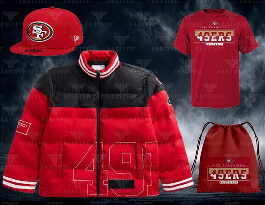 Off Season x NFL San Francisco 49Ers Team Puffer Jacket, customized for Football, Moms/Dads Custom Team Name. (Free T-shirt / Cap / bag)