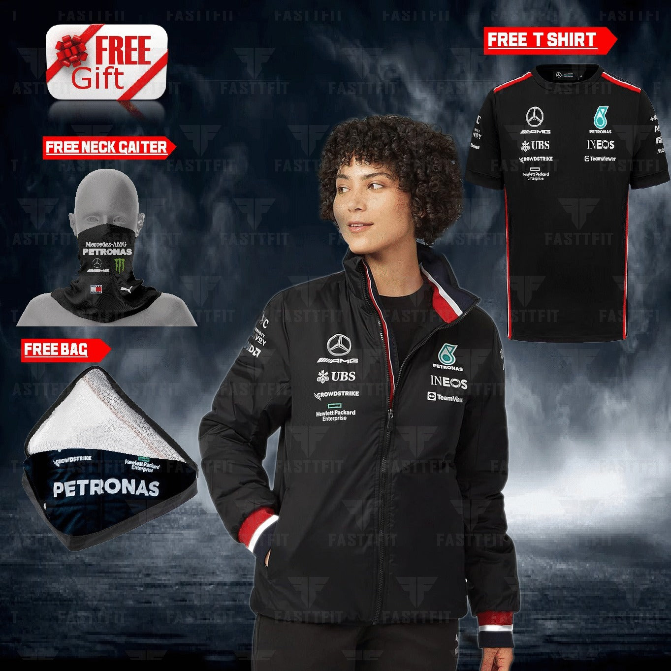 2024 Lewis Hamilton AMG F1 jacket, F1 free t-shirt, and free neck gator