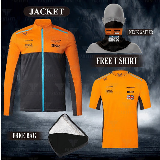 2024 McLaren F1 jacket, F1 free t-shirt, and free neck gator